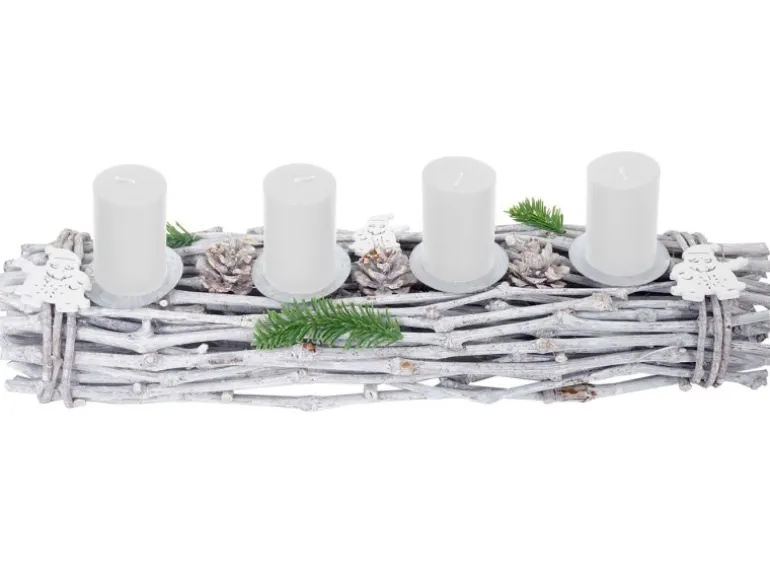 MCW Adventskranz Länglich Holz 60x16x9cm mit Kerzen Weiß