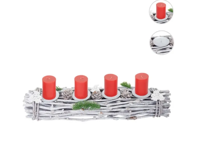 MCW Adventskranz Länglich Holz 60x16x9cm mit Kerzen Rot