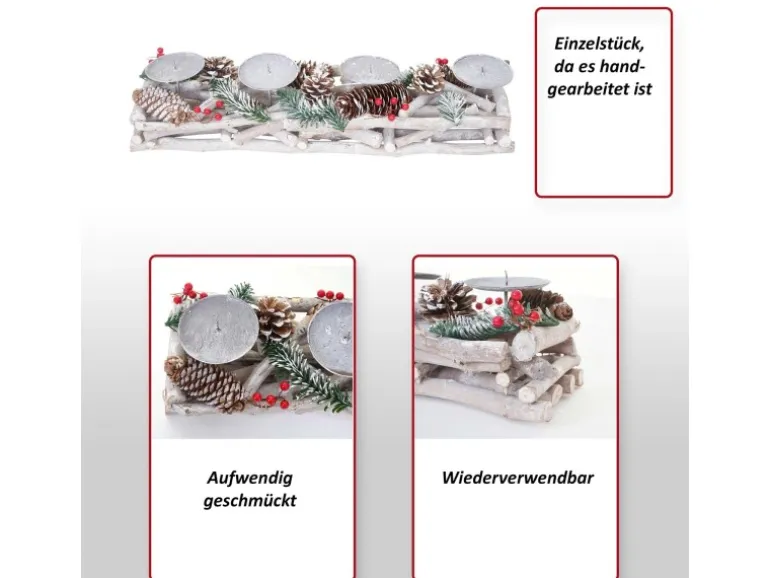 MCW Adventskranz Länglich Holz 11x15x50cm mit Kerzen Rot