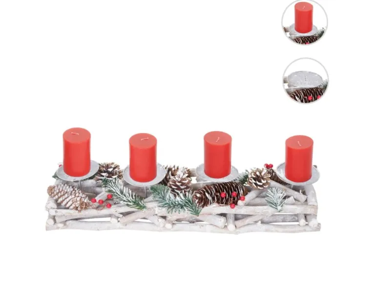 MCW Adventskranz Länglich Holz 11x15x50cm mit Kerzen Rot