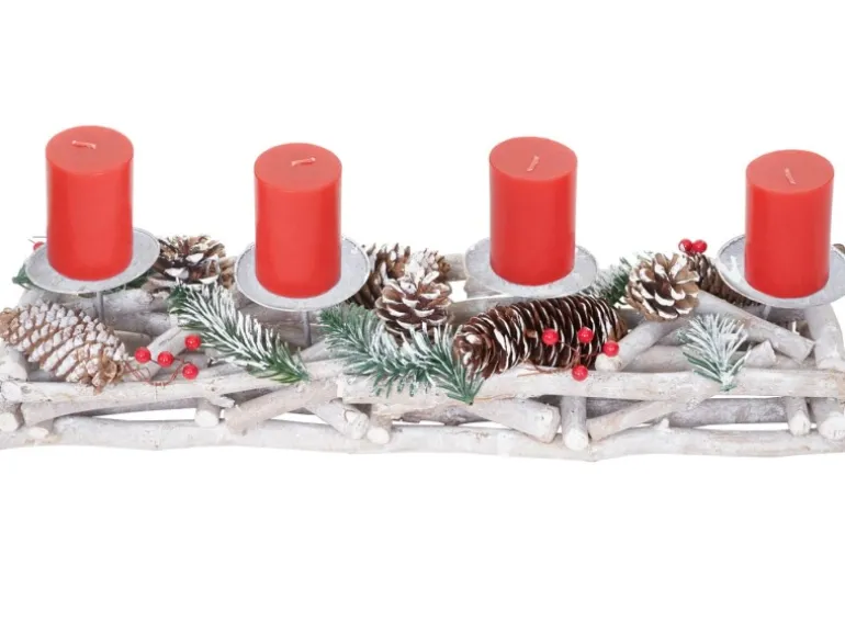 MCW Adventskranz Länglich Holz 11x15x50cm mit Kerzen Rot