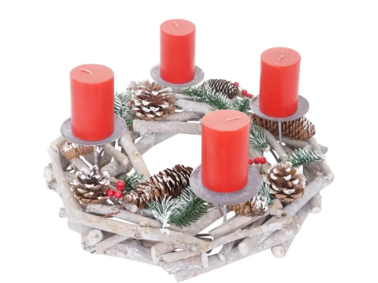 MCW Adventskranz Rund Holz Ø 35cm mit Kerzen Rot
