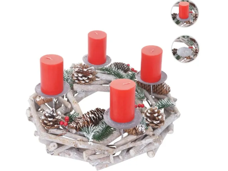 MCW Adventskranz Rund Holz Ø 35cm mit Kerzen Rot
