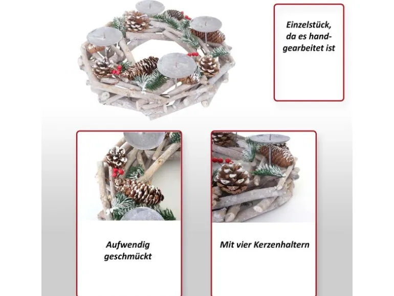 MCW Adventskranz Rund Holz Ø 35cm mit Kerzen Rot