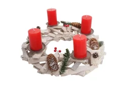 MCW Adventskranz Rund Holz Ø 40cm Weiß-Grau mit Kerzen Rot
