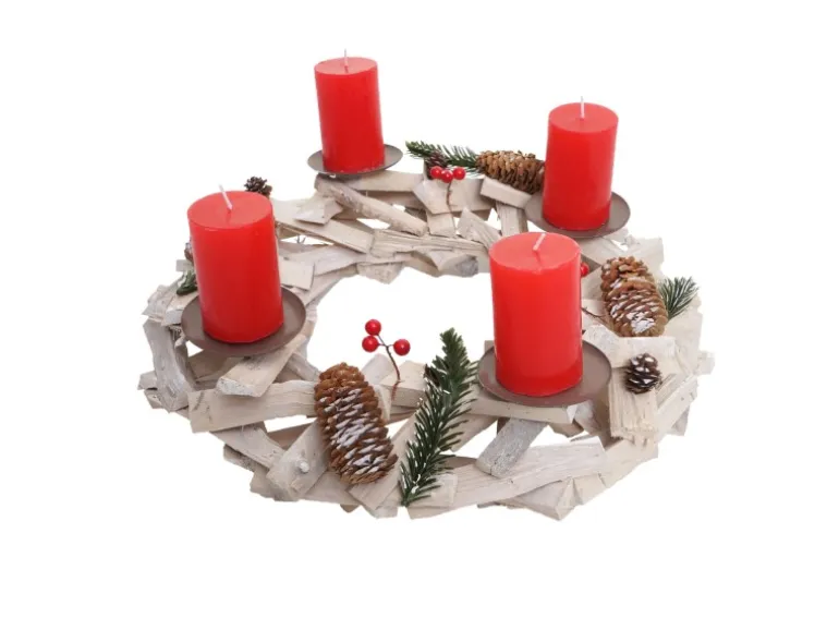 MCW Adventskranz Rund Holz Ø 40cm Weiß-Grau mit Kerzen Rot
