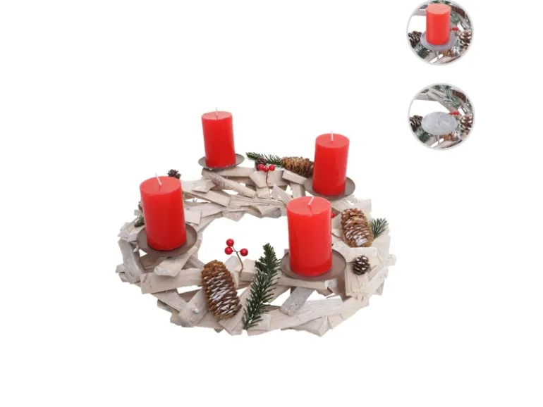 MCW Adventskranz Rund Holz Ø 40cm Weiß-Grau mit Kerzen Rot