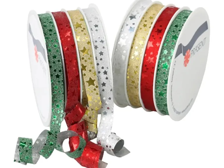 Präsent Weihnachtliches Ringelband auf Designerspule Bunt Sortiert 16 m