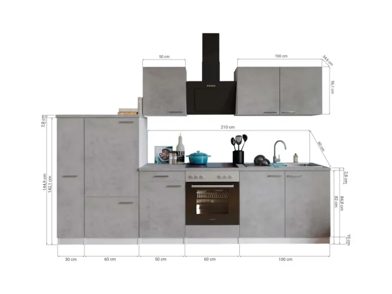 Respekta Küchenblock Malia mit E-Geräten 300 cm Beton Fronten