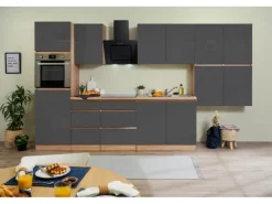 Respekta Küchenzeile GLRP370HESG Grifflos 370 cm Grau Hochglanz-Sonoma Eiche