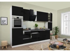 Respekta Küchenzeile GLRP330HWS Grifflos 330 cm Schwarz Hochglanz-Weiß