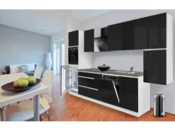 Respekta Küchenzeile GLRP330HWS Grifflos 330 cm Schwarz Hochglanz-Weiß