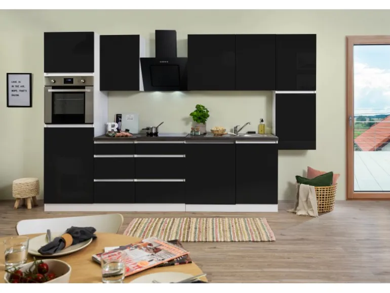 Respekta Küchenzeile GLRP330HWS Grifflos 330 cm Schwarz Hochglanz-Weiß