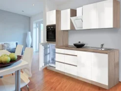 Respekta Küchenzeile GLRP270HESW Grifflos 270 cm Weiß Hochglanz-Sonoma Eiche