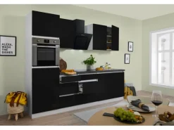Respekta Küchenzeile GLRP270HWS Grifflos 270 cm Schwarz Hochglanz-Weiß