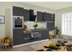 Respekta Küchenzeile GLRP370HWG Grifflos 370 cm Grau Hochglanz-Weiß