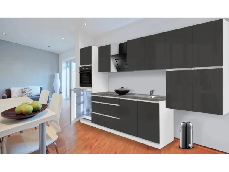 Respekta Küchenzeile GLRP370HWG Grifflos 370 cm Grau Hochglanz-Weiß