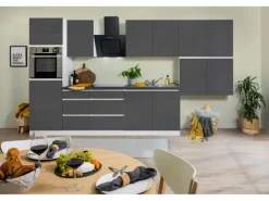 Respekta Küchenzeile GLRP370HWG Grifflos 370 cm Grau Hochglanz-Weiß