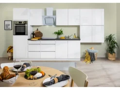 Respekta Küchenzeile GLRP370HWW Grifflos 370 cm Weiß Hochglanz