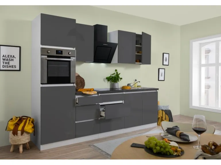 Respekta Küchenzeile GLRP270HWG Grifflos 270 cm Grau Hochglanz-Weiß