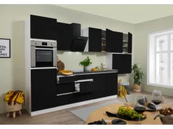Respekta Küchenzeile GLRP370HWS Grifflos 370 cm Schwarz Hochglanz-Weiß