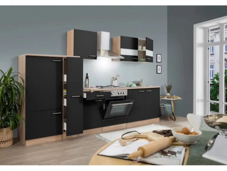 Respekta Küchenzeile KB300ESS 300 cm Schwarz-Eiche Sägerau Nachbildung