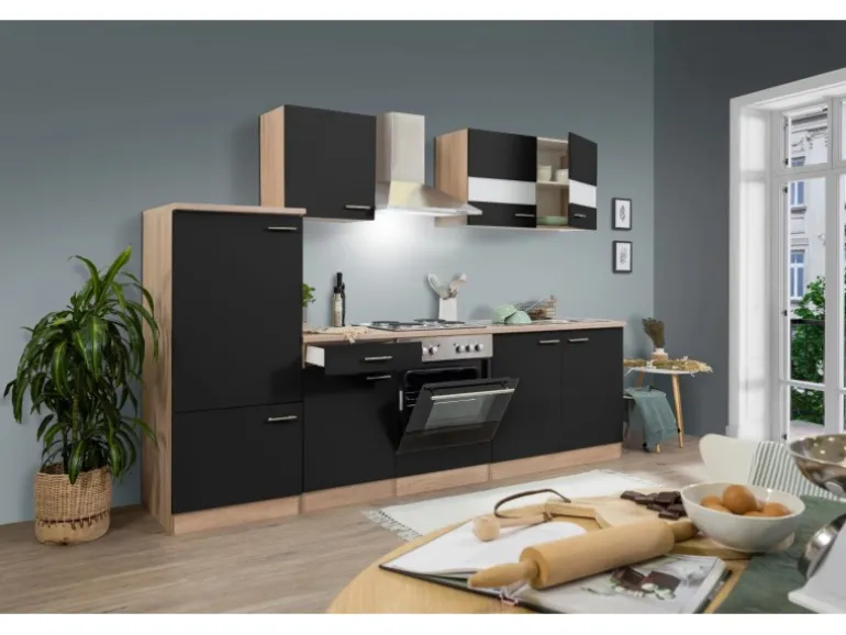 Respekta Küchenzeile KB270ESS 270 cm Schwarz-Eiche Sägerau Nachbildung