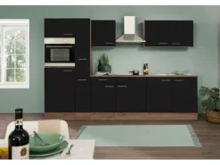 Respekta Küchenzeile KB300EYS 300 cm Schwarz Seidengl.-Eiche York Nachbildung