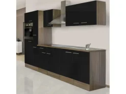 Respekta Küchenzeile KB300EYS 300 cm Schwarz Seidengl.-Eiche York Nachbildung