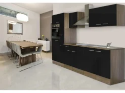 Respekta Küchenzeile KB300EYS 300 cm Schwarz Seidengl.-Eiche York Nachbildung