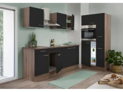 Respekta Küchenzeile KB300EYS 300 cm Schwarz Seidengl.-Eiche York Nachbildung