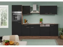 Respekta Küchenzeile KB280EYS 280 cm Schwarz Seidenglanz-Eiche York Nachbildung
