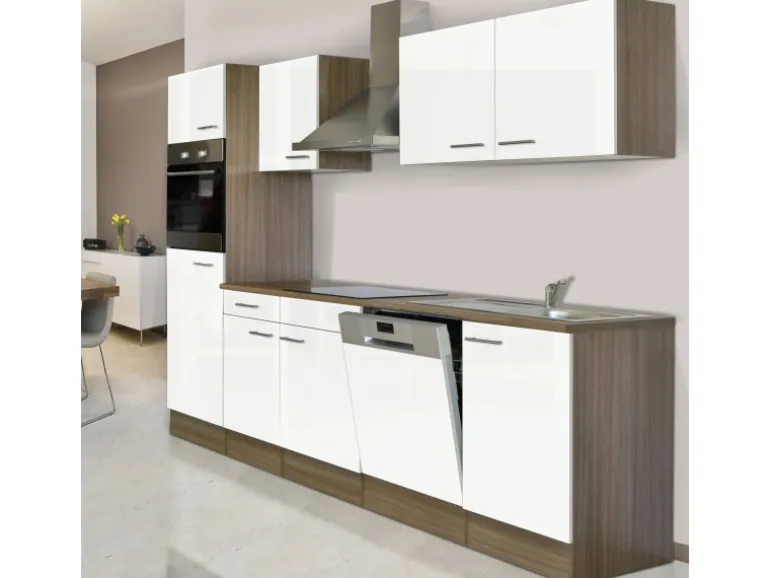 Respekta Küchenzeile KB280EYW 280 cm Weiß Seidenglanz-Eiche York Nachbildung