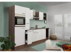 Respekta Küchenzeile KB300EYW 300 cm Weiß Seidenglanz-Eiche York Nachbildung