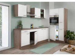 Respekta Küchenzeile KB300EYW 300 cm Weiß Seidenglanz-Eiche York Nachbildung