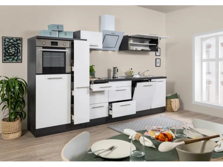 Respekta Premium Küchenzeile 310 cm Hochbau Weiß Hochglanz-Eiche Grau