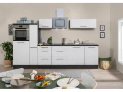 Respekta Premium Küchenzeile 310 cm Hochbau Weiß Hochglanz-Eiche Grau