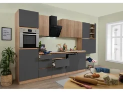 Respekta Premium Küchenzeile GLRP380HESGOES Grifflos 380 cm Grau Eiche Säger. NB