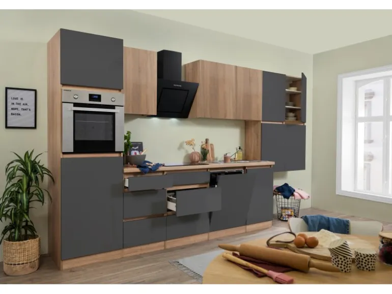 Respekta Premium Küchenzeile GLRP380HESGOES Grifflos 380 cm Grau Eiche Säger. NB