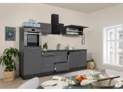 Respekta Premium Küchenzeile 280 cm Hochbau Grau Hochglanz-Eiche Grau