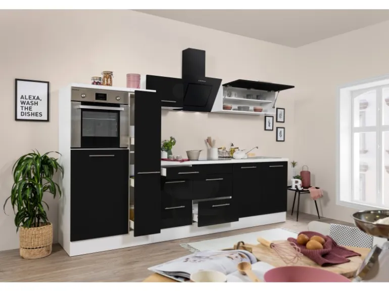Respekta Premium Küchenzeile 300 cm Hochbau Schwarz Hochglanz-Weiß