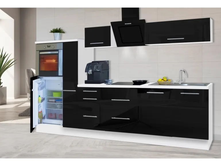 Respekta Premium Küchenzeile 300 cm Hochbau Schwarz Hochglanz-Weiß