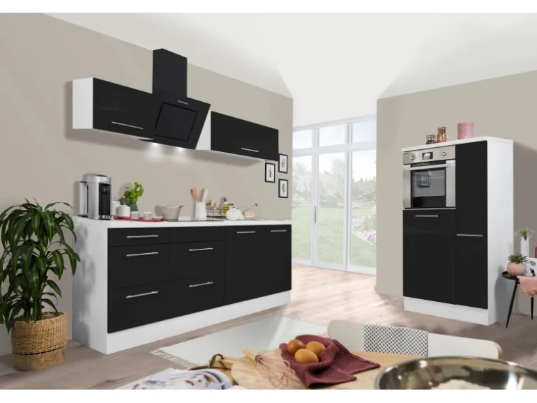 Respekta Premium Küchenzeile 300 cm Hochbau Schwarz Hochglanz-Weiß