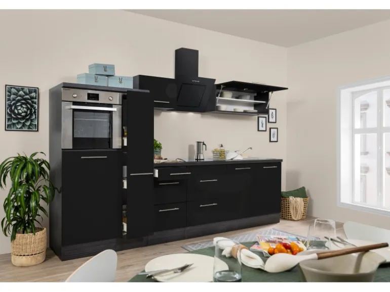 Respekta Premium Küchenzeile 300 cm Hochbau Schwarz Hochglanz-Eiche Grau