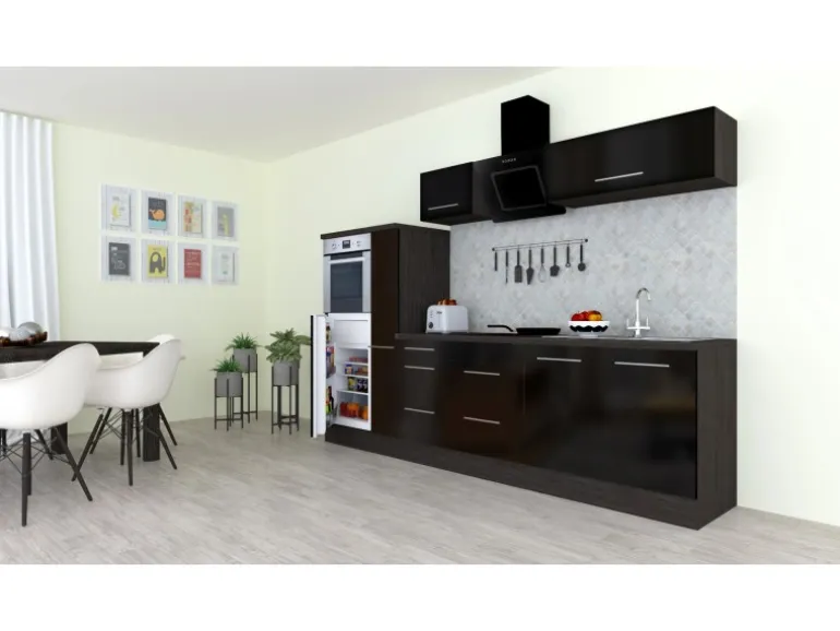 Respekta Premium Küchenzeile 300 cm Hochbau Schwarz Hochglanz-Eiche Grau