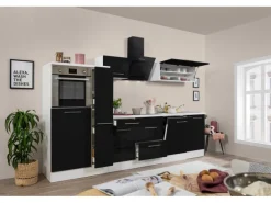 Respekta Premium Küchenzeile 310 cm Hochbau Schwarz Hochglanz-Weiß