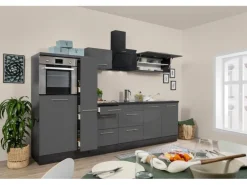 Respekta Premium Küchenzeile 300 cm Hochbau Grau Hochglanz-Eiche Grau