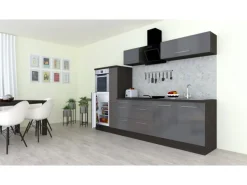 Respekta Premium Küchenzeile 300 cm Hochbau Grau Hochglanz-Eiche Grau