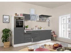 Respekta Premium Küchenzeile 280 cm Hochbau Grau Hochglanz-Weiß