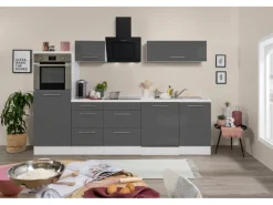 Respekta Premium Küchenzeile 280 cm Hochbau Grau Hochglanz-Weiß